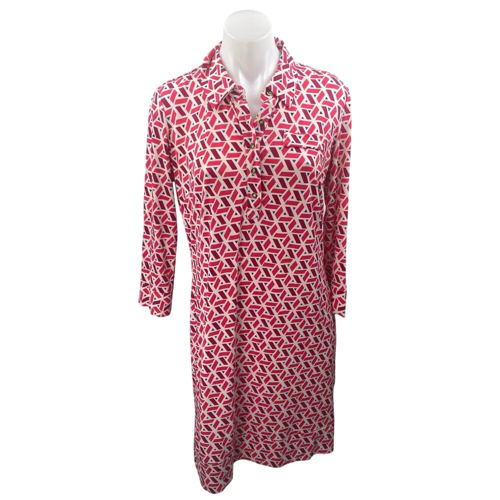 Donna Morgan Red Geometric Long Sleeve Button Front Shift Mini Shirt Dress Sz 6